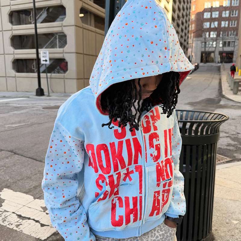 Wholesale Rhinestone Boxy Zip up Hoodie manufacture