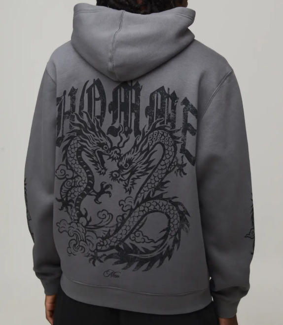 Wholesale Charcoal Relaxed Dragon Sleeve Print Hoodie manufacture